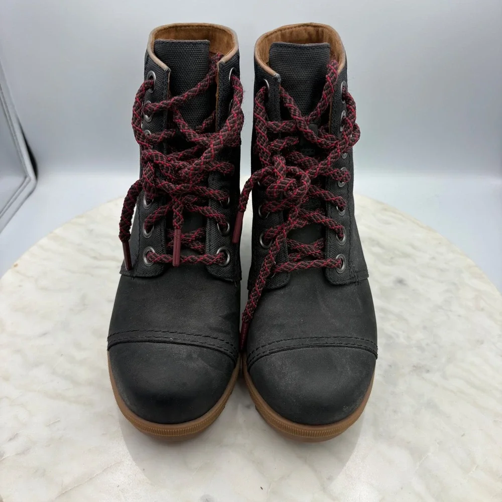 Sorel PDX Wedge Boots Women 6.5 Black Excellent LaceUp Canvas Leather Waterproof